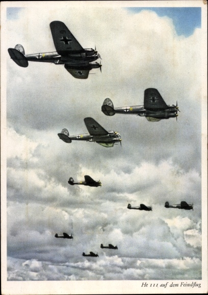 Postcard Heinkel He 111 squadron on the enemy flight, Luftwaffe