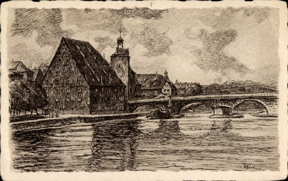 Ak Regensburg aan de Donau Opper-Palts, tekening van een brug, gebouw op het water, r-stijl