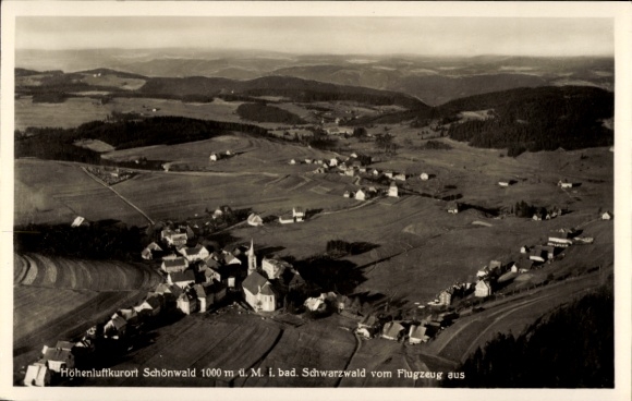 Postcard Schönwald in the Black Forest, aerial photograph of the village with surroundings, church