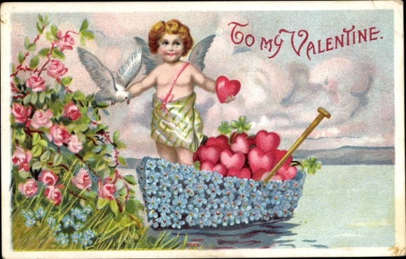 Postcard Congratulations Valentine's Day, Cupid in rowing boat, hearts, dove, forget-me-not