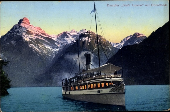 Postcard saloon steamer city of Lucerne on Lake Lucerne, Urirotstock