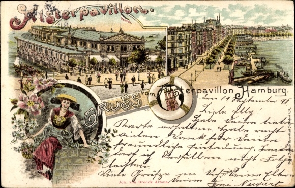 Chromo-Litho Hamburg Mitte Old Town, Alster Pavilion, Jungfernstieg, woman in traditional costume