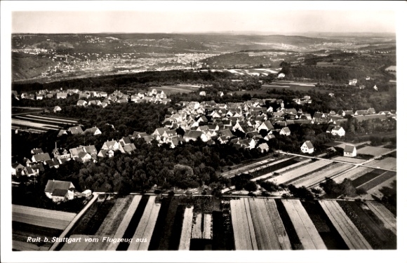 Postcard Ruit near Stuttgart Ostfildern in Baden, aerial view of Ruit, Stuttgart, fields in the foreground