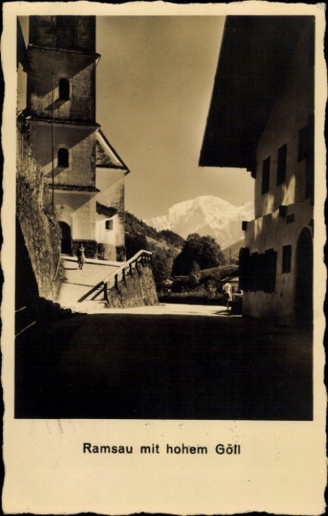 Postcard Ramsau in Berchtesgadener Land Upper Bavaria, snow-covered high Göll, church, landscape, street
