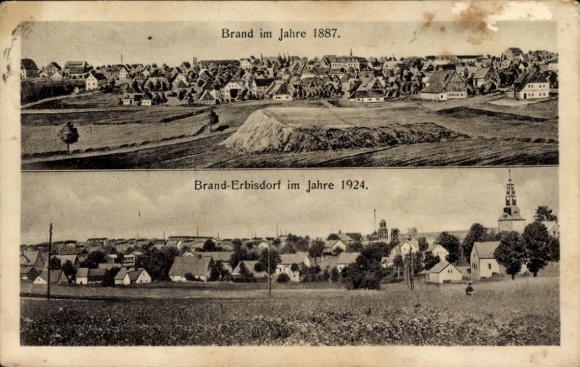 Ak Brand Erbisdorf Sachsen, Panorama, Brand im Jahre 1887, Ort im Jahre 1924