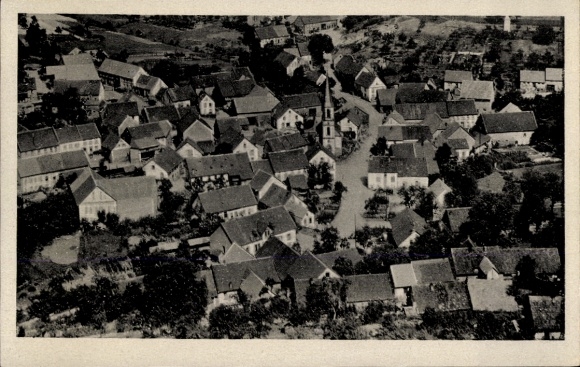Postcard Hoppstädten Weiersbach in the Nahe valley, aerial view of many roofs, small church, trees