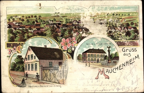 Litho Mauchenheim Rheinland Pfalz, Schule, Kriegerdenkmal, Handlung und Bäckerei, Totalansicht