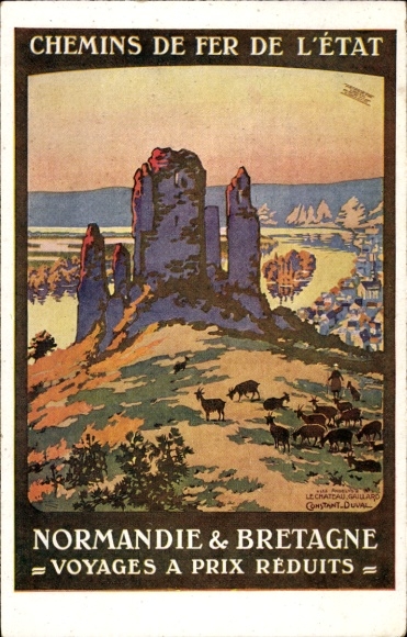 Litho Les Andelys Eure, Château Gaillard, Chemin de Fer de l´État, Normandie et Bretagne, Réclame
