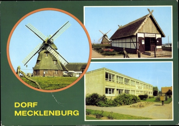 Postcard Dorf Mecklenburg, restaurant Mecklenburger Mühle, gallery at the mill, Erich Tack business school