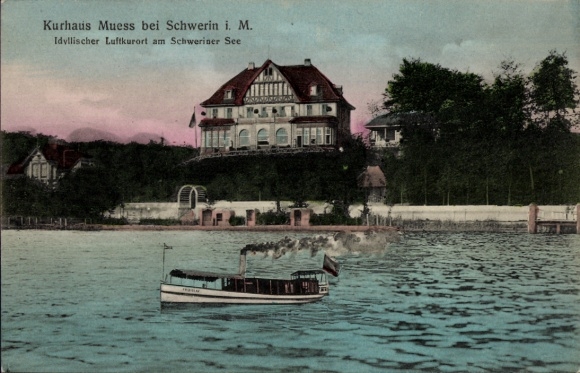 Ak Mueß Schwerin in Mecklenburg, Kurhaus Muess, Schweriner See, Dampfer, idyllischer Luftkurort