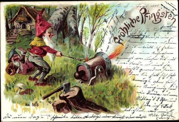 Postcard congratulations Pentecost, dwarfs fire cannon