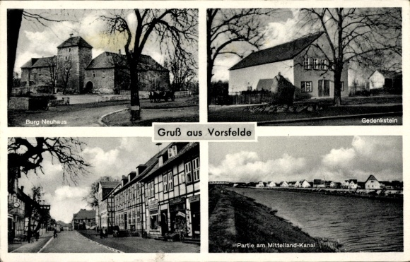 Postcard Vorsfelde Wolfsburg, Neuhaus Castle, street with shops, Mittelland Canal, memorial stone