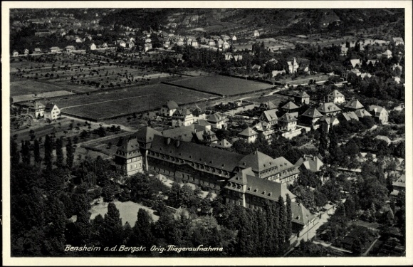 Postcard Bensheim on the Bergstraße Hesse, aerial view of Hotel Deutsches Haus, many houses, fields