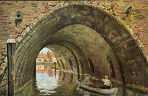 Kunstenaar ansichtkaart Gerstenhauer, Johann Georg, Nederlands motief, boot op kanaal, tunnel