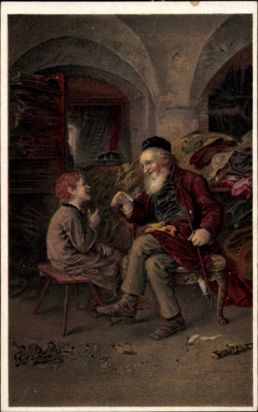 Judaica Artist Postcard Knauss, Solomonic Wisdom, Old Man with Pipe and Boy