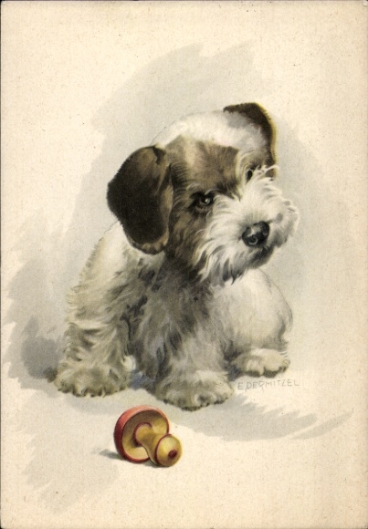 Artist Postcard Dermitzel, E., Small Puppy, Terrier, Dog Toy