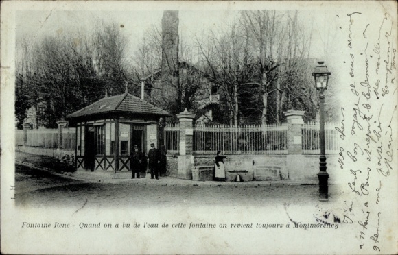 Ak Montmorency Val d’Oise, Fontaine René, Fontäne, Gebäude, Bäume, Straßenlampe, Personen