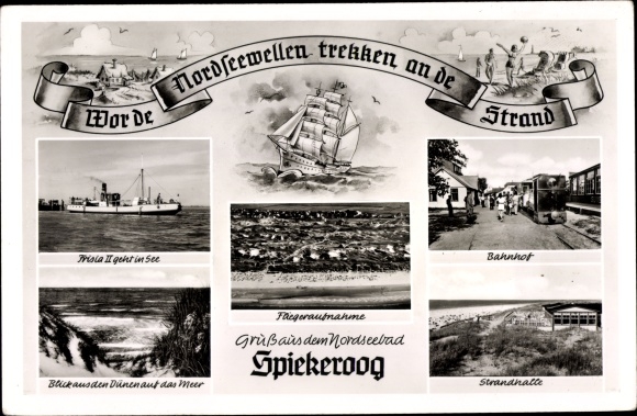 Postcard North Sea resort Spiekeroog East Frisia, Frisia II, train station, aerial photo, dunes, beach hall