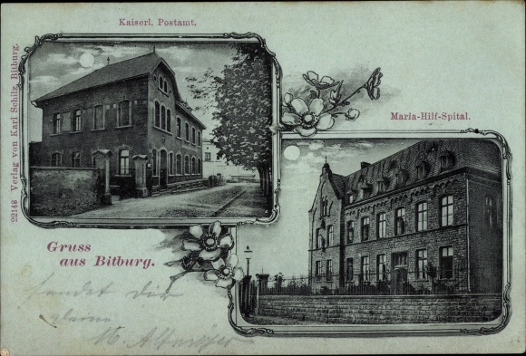 maanlicht Briefkaart Bitburg in de Eifel, Kaiserl. Postkantoor, Maria Hilf Ziekenhuis