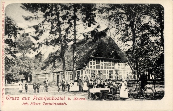 Postcard Frankenbostel Elsdorf, inn of Joh. Albers, cyclist