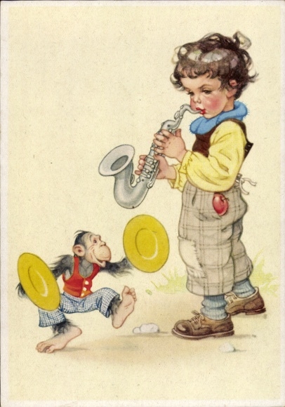 Artist Postcard Lungershausen, Ilse Wende, boy playing saxophone, humanized chimpanzee
