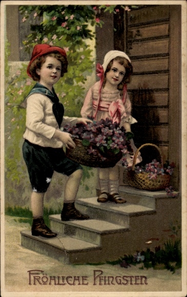 Präge Ak Glückwunsch Pfingsten, Kinder, Blumenkorb