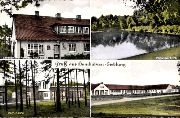 Postcard Hambühren in Lower Saxony, delicatessen Fritz Skibbe, pond, church, school
