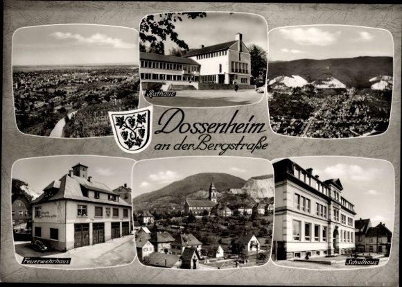 Ak Dossenheim an der Bergstraße Baden, Fliegeraufnahme, Rathaus, Feuerwehrhaus