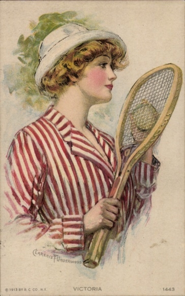 Kunstenaarskaart Underwood, Clarence, Victoria, portret van een vrouw, tennisracket
