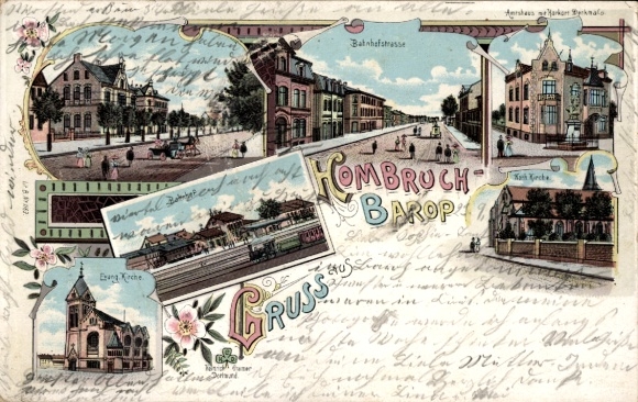 Litho Barop Dortmund im Ruhrgebiet, Bahnhofstraße, Kirchen, Bahnhof, Gleisansicht, Amtshaus