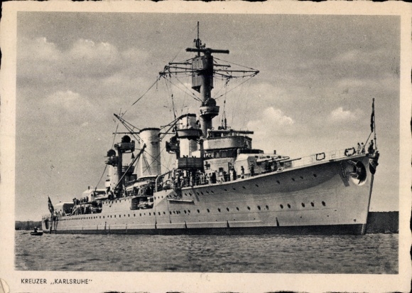 Postcard German warship, cruiser Karlsruhe, Kriegsmarine