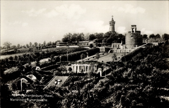 Postcard Brandenburg an der Havel, Marienberg, Bismarckwarte, garden, observation tower