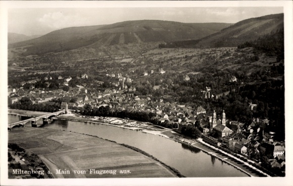 Postcard Miltenberg am Main Lower Franconia, aerial view of Main, landscape, buildings, bridge