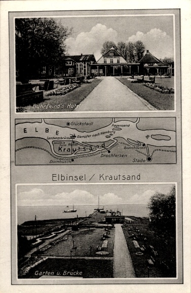 Postcard Elbinsel Krautsand Drochtersen in the district of Stade, Buhrfeinds Hotel, garden, bridge, general view