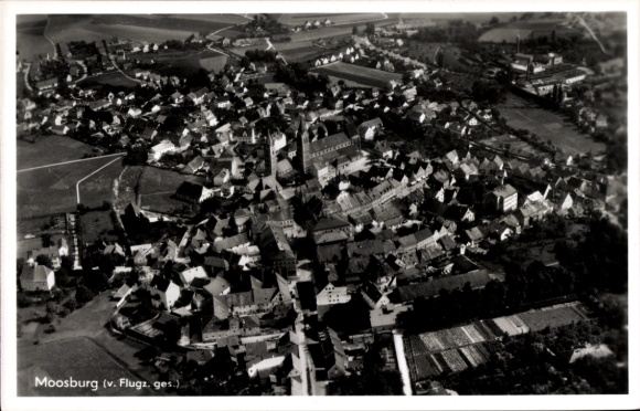 Postcard Moosburg an der Isar, aerial view of many houses, green areas, rural surroundings