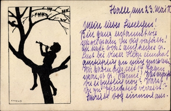 Paper cut Postcard Carus, boy with a flute on a tree, birds