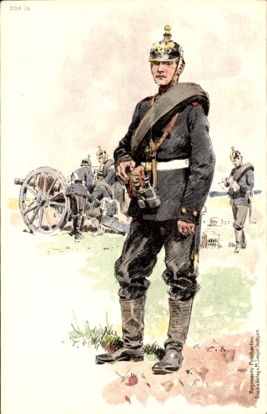 Kunstenaar litho Becker, C., Duitse soldaten in uniformen, geweren, verrekijkers