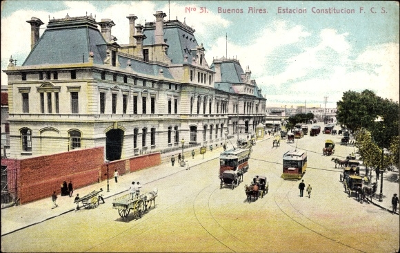 Postcard Buenos Aires Argentina, Estacion Constitucion FCS, street scene, trams, carriages