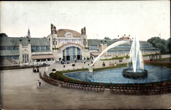 Ansichtkaart Zwickau in Saksen, commerciële en industriële tentoonstelling 1906, grote zaal en fontein