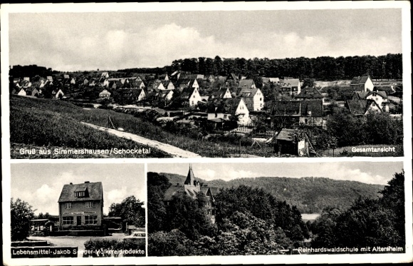 Postcard Simmershausen Schocketal Fuldatal Hesse, general view, food Jakob, Reinhardswaldschule