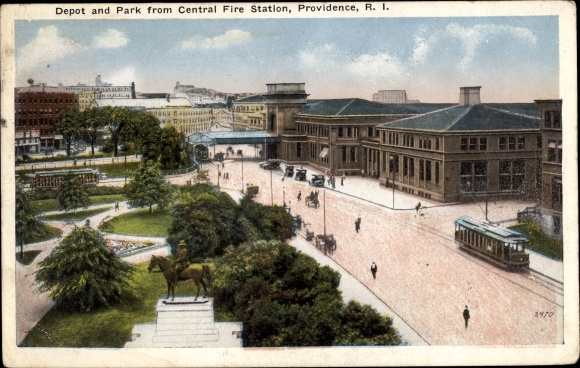 Ak Providence Rhode Island USA, depot en park vanaf de centrale brandweerkazerne