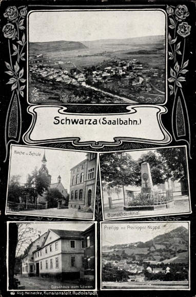 Ak Schwarza Saalbahn Rudolstadt, Kirche, Schule, Bismarckdenkmal, Preilipp Preilipper Kuppe, Gasthof