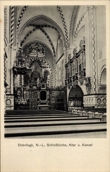 Postcard Dobrilugk Doberlug Kirchhain in Brandenburg, castle church, altar, pulpit, interior view, history
