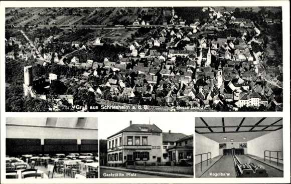 Ak Schriesheim an der Bergstraße, Luftaufnahme von  Gaststätte Pfalz, Kegelbahn, alte Architektur
