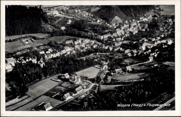 Postcard Wippra Sangerhausen am Harz, aerial photograph, houses, meadow, forest, small church