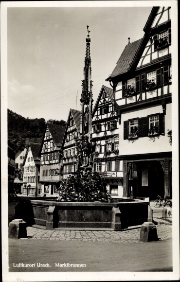 Postcard Bad Urach in the Swabian Alb, market fountain
