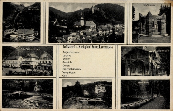 Postcard Bad Berneck in the Fichtelgebirge, Bavaria, Mick on Horel Sube, Adolf Hitler Square, Memorial, Co...