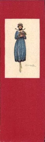 Artist Postcard Bompard, Sergio, Lady in a blue dress, bouquet of flowers