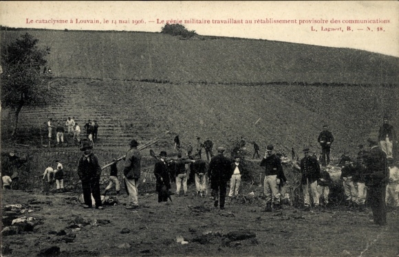 Postcard Louvain Leuven Flemish Brabant, military, reconstruction, 14 May 1906, disaster