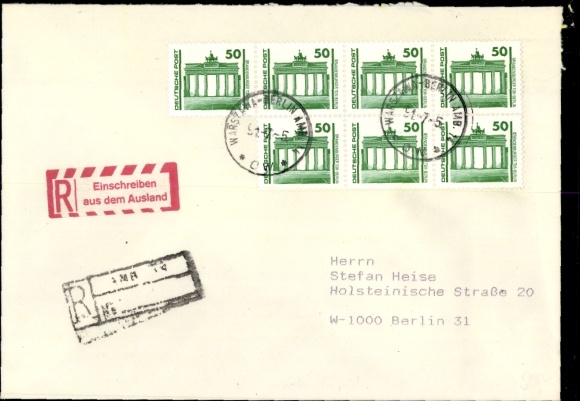 Michel nr 3346 (7) na okładce R, rzadki polski stempel kolejowy Warszawa Berlin